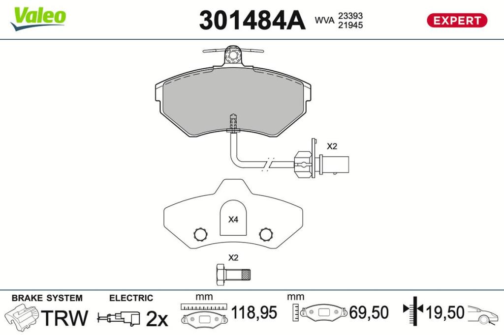 Jeu de 4 plaquettes de frein VALEO ref. 301484A
